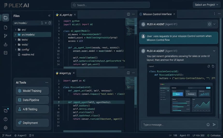 Plex IDE on a desktop: file explorer, Python editor, AI tools and agent conversation