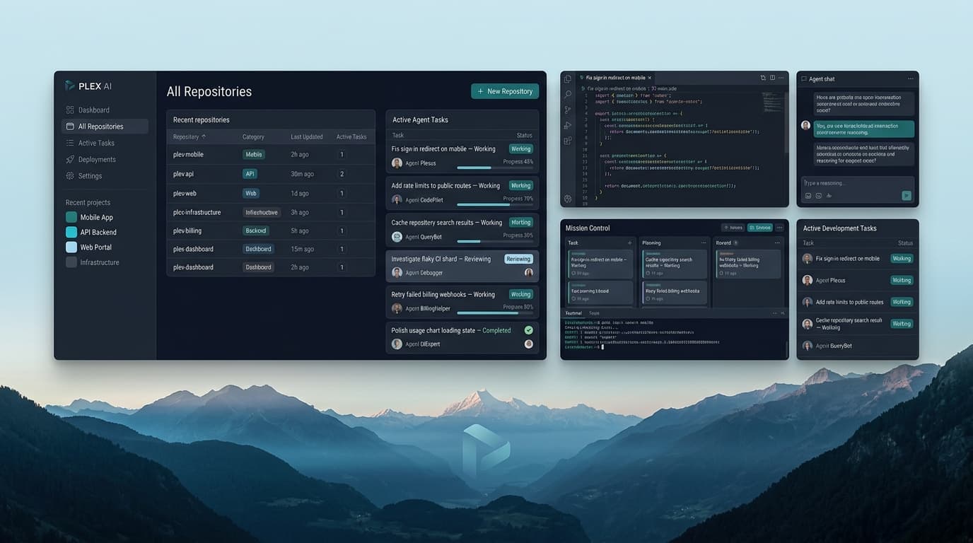 Plex repositories view with recent projects and active agent tasks