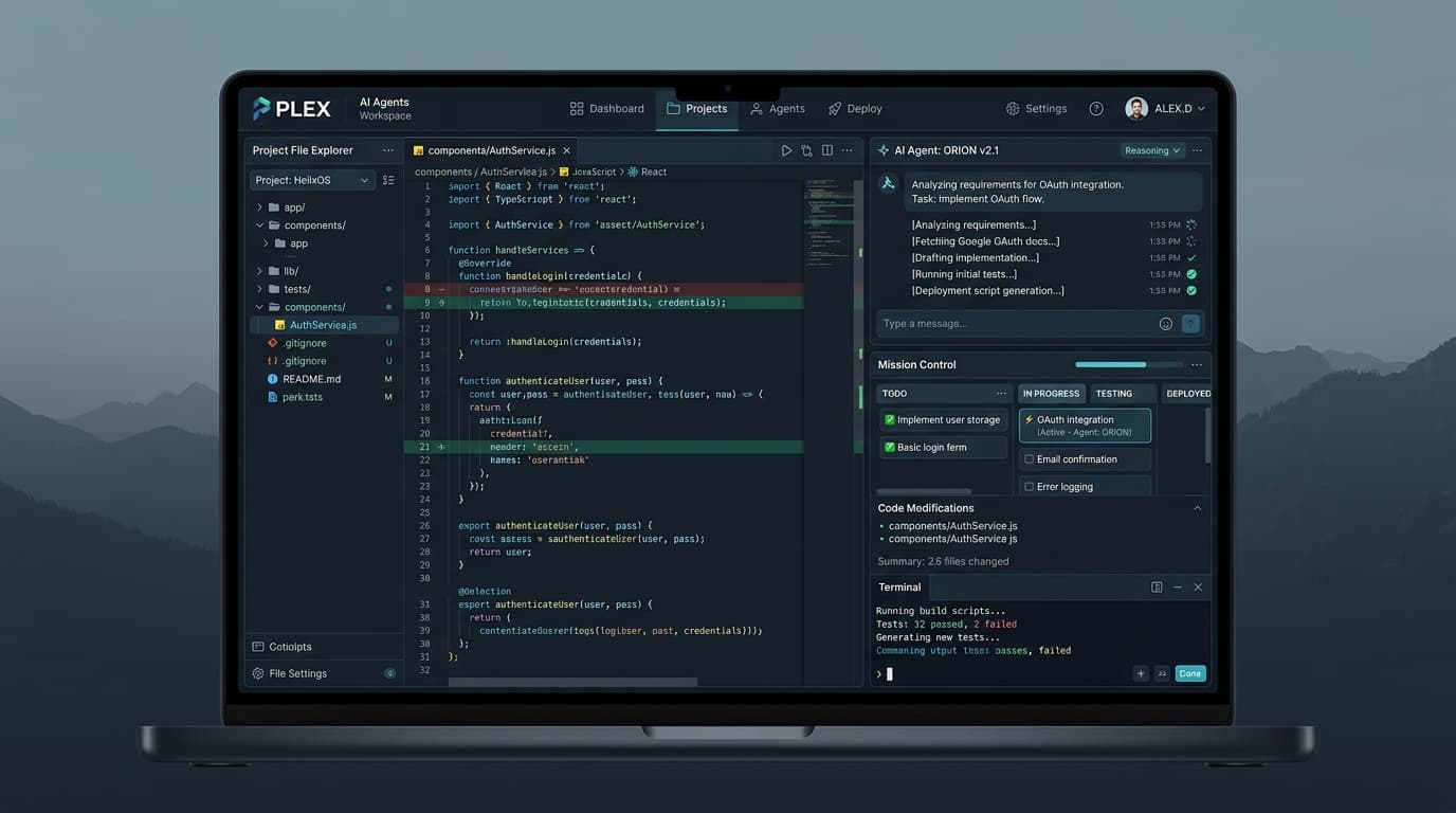 Plex workspace laptop with OAuth flow code, task board and terminal