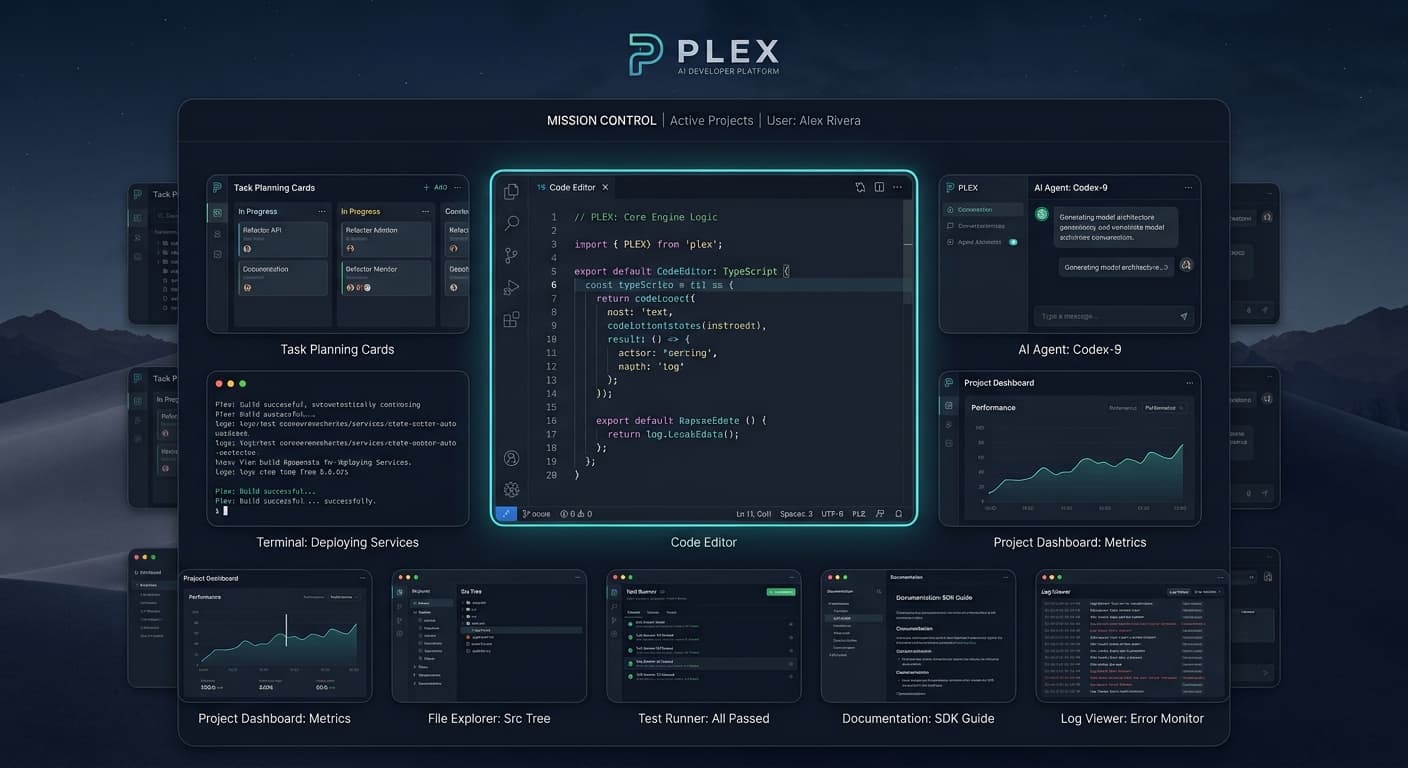 Plex mission control grid: task planning cards, code editor, AI agent, terminal and metrics