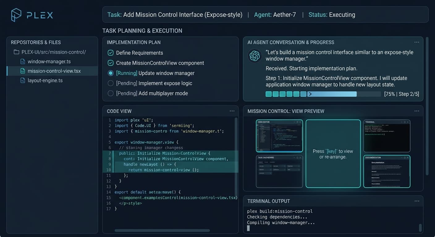 Plex task execution: implementation plan, agent conversation, code view and terminal