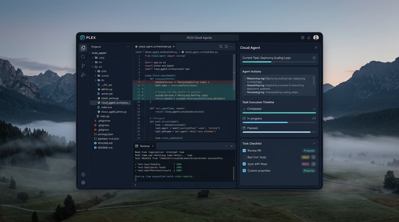 Plex cloud agent with reasoning log, execution timeline, checklist and test results